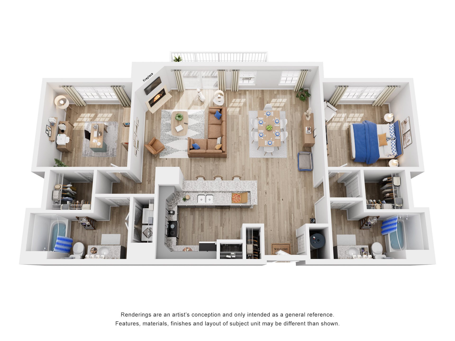 Floor plan for 2 beds, 2 baths, 1303 sqft